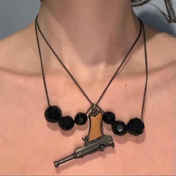 Pistol Necklace with Peter Pan Collar Bib Statement Vintage Steampunk Jewelry - Picture 2 of 3